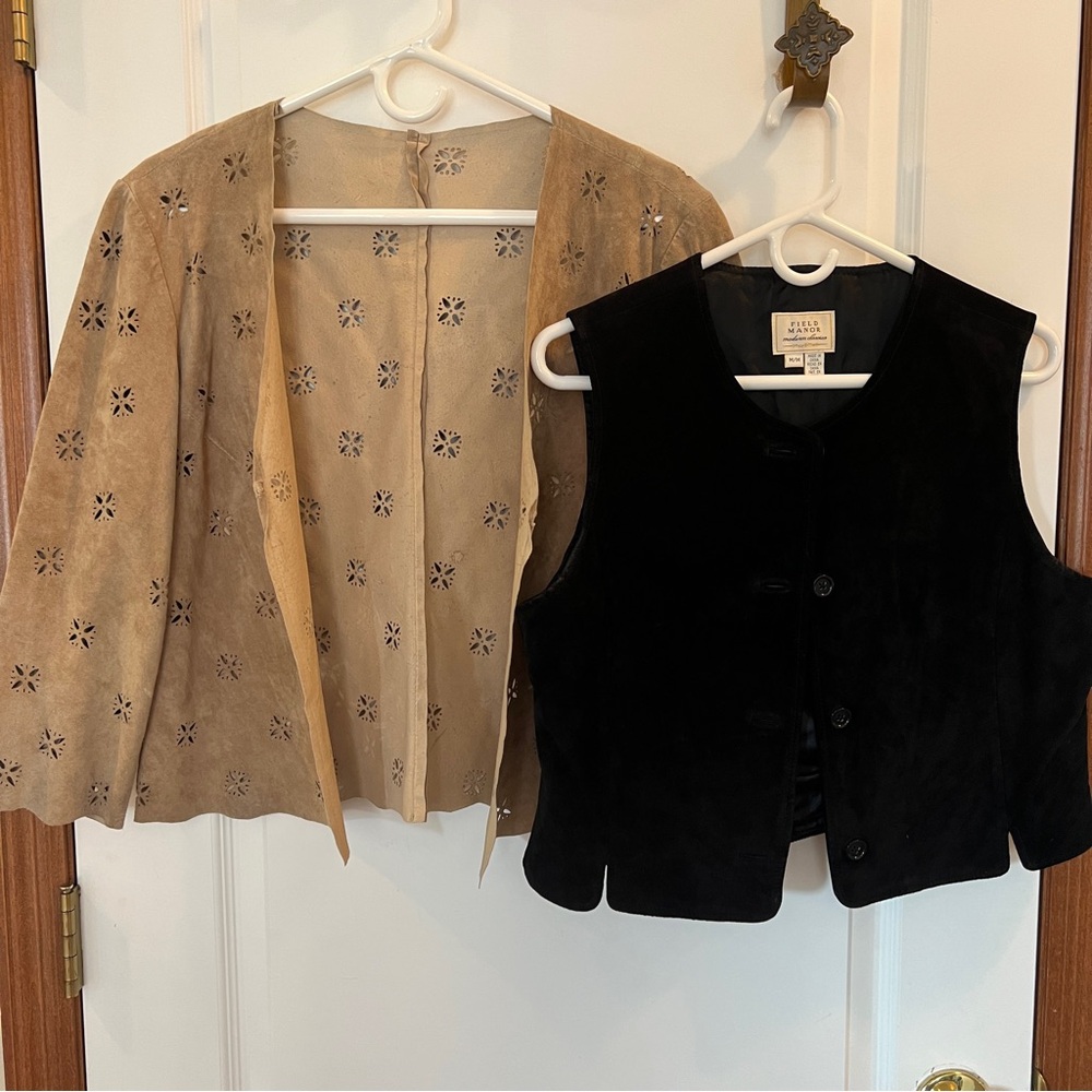 SET! VINTAGE LEATHER BOHO SET! Gorgeous Tan Cut Out Blazer + Black Vest